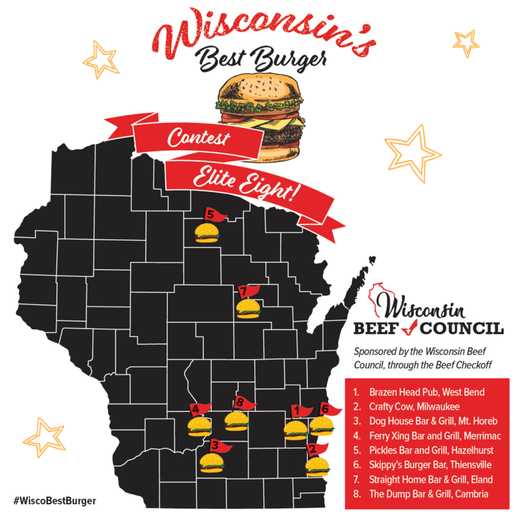 A state map with pins indicating the best burgers in Wisconsin.  The map is black with burgers and flags for each of the eight restaurant locations.